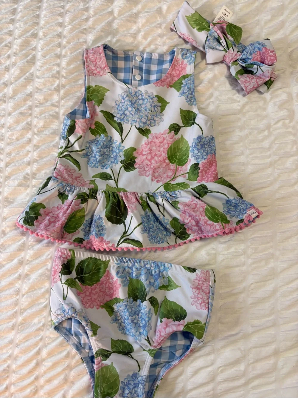 Mud Pie REVERSIBLE Girls Floral Hydrangea Tankini Set with Matching BOW